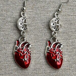 Red Heart and Moon Earrings for halloween goth costume gift love witch silver